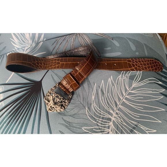 Ann Turk Accessories - Glen Miller for Ann Turk brown Leather Silver Leaf Buckle Belt 34”